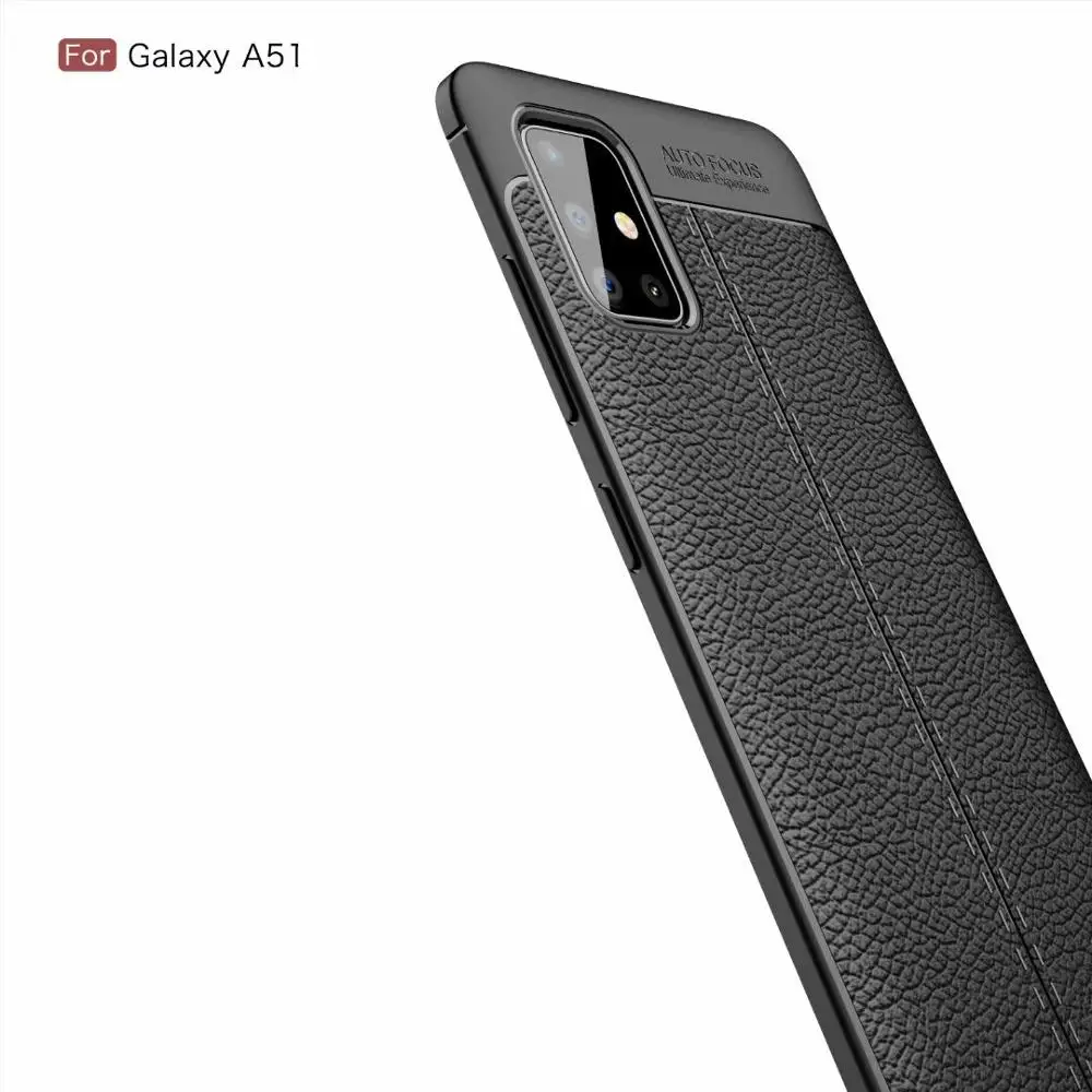 Slim Fit Shockproof Flexible Soft Rubber TPU Gel Lichi Pattern Protective Case Cove+glass film for Samsung Galaxy A51 | Мобильные