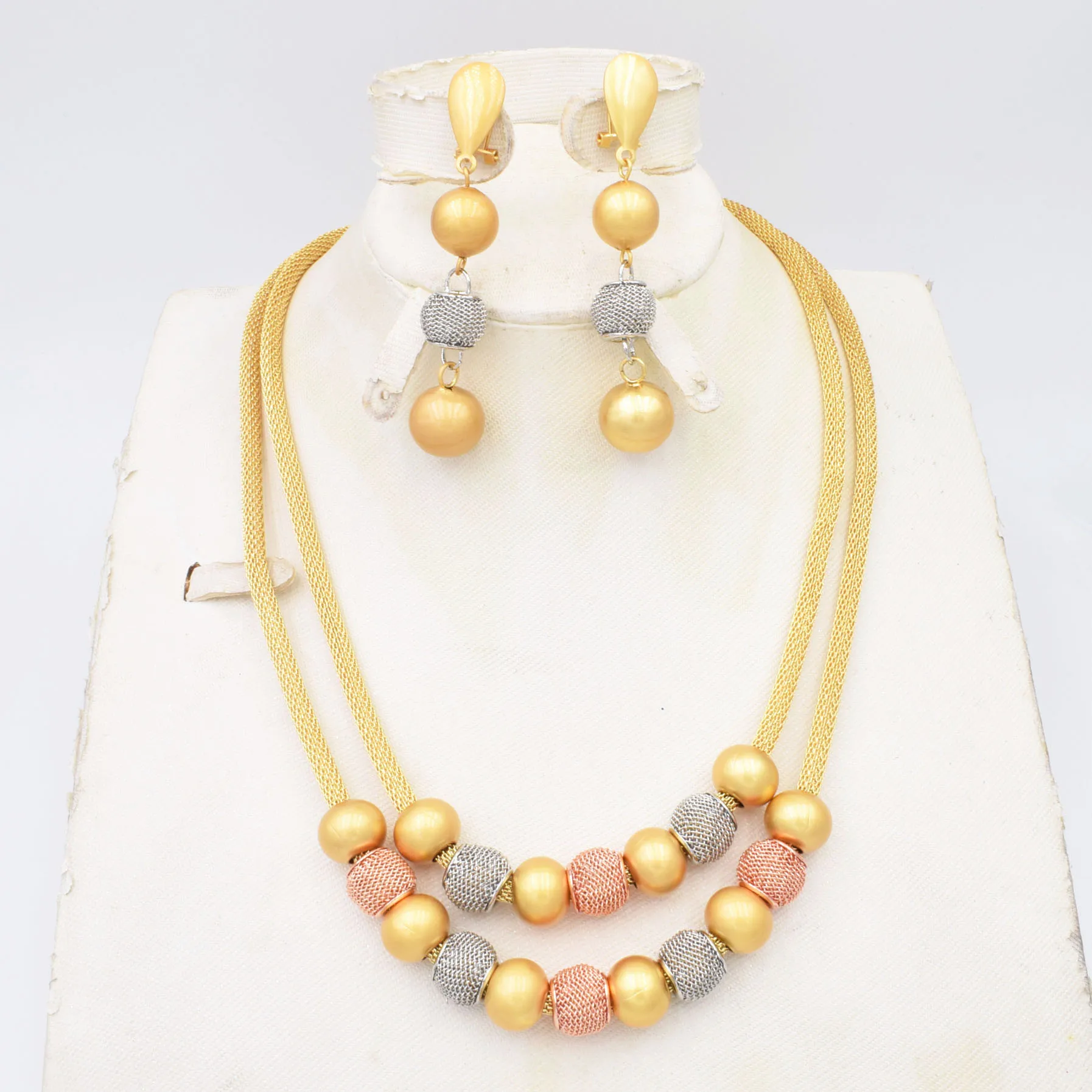 

High Quality Dubai Gold 3color Jewelry Set For Women african beads jewlery fashion necklace set earring jewelry