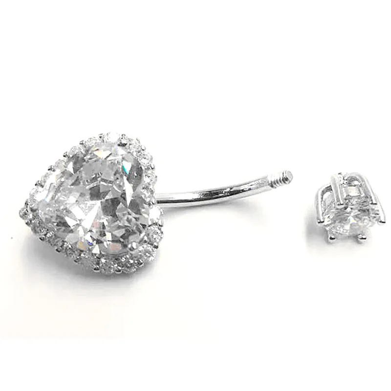 Женское кольцо на пупок из серебра 925 пробы с кристаллами в форме сердца