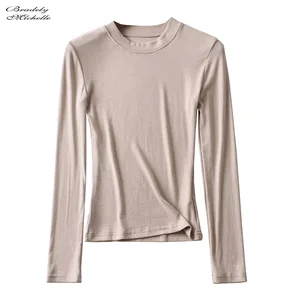 Женская одежда BRADELY MICHELLE 2020, Хлопковые вязаные топы, Повседневная облегающая эластичная футболка с круглым вырезом и длинным рукавом