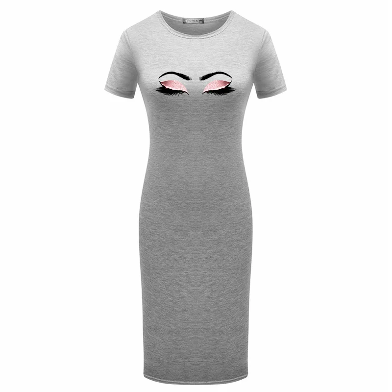 

Sexy Streetwear Office Lady Dress Short Sleeve Package Hip Aesthetic Eyelashes Print Summer 2021 Bodycon Dress for Women