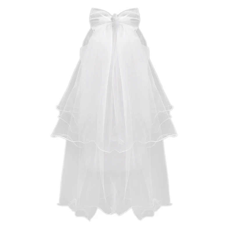 

Women Wedding Veil Dress White Bowknot Layers Tulle Ribbon Edge Bridal Veils