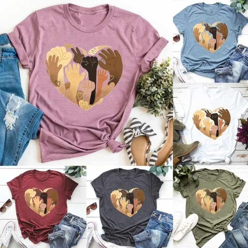 Давай Кулак Руки принт с сердцем футболка Для женщин короткий рукав О образным