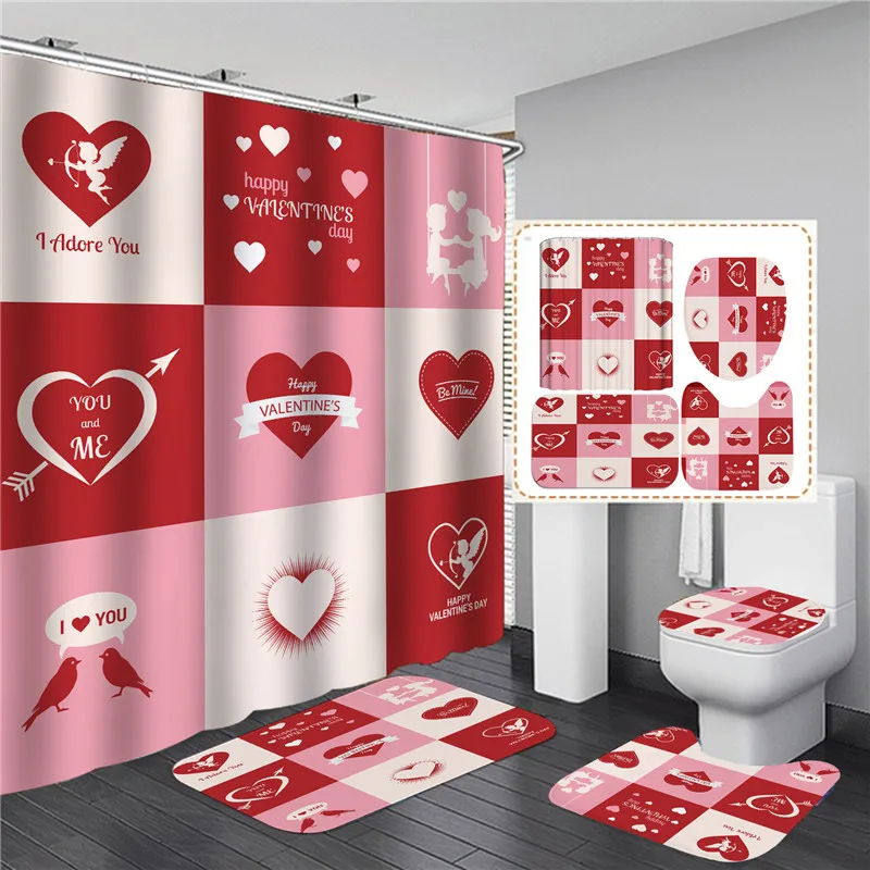love heart valentines day shower curtains bathroom rugs sets red rose flowers home hotel decor toilet lid mat floor door carpet free global shipping