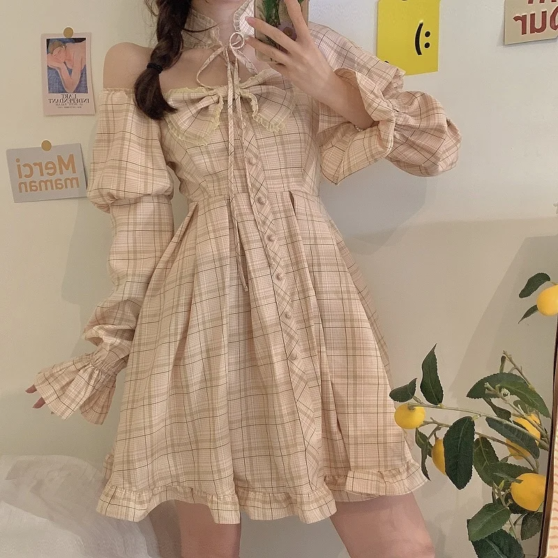 

Japanese Women Victorian Gothic Lolita Dress Soft Sister Vintage Square Collar Puff Sleeve Slim Dress Girls Bow Plaid Dresses