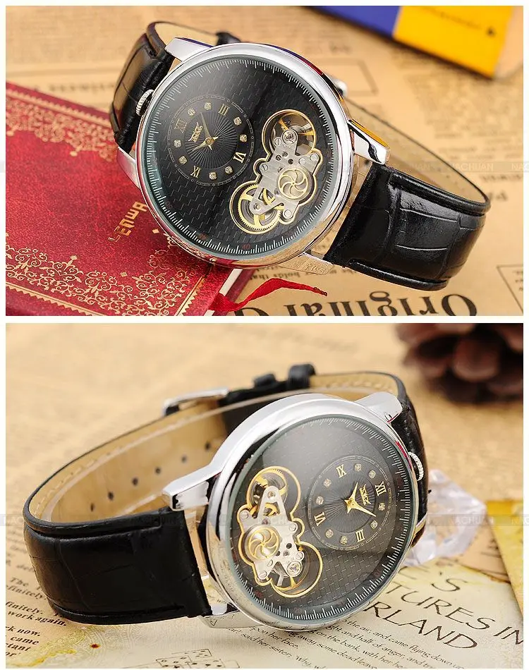 

JARAGAR Tourbillon Wrap Automatic Clock Men Black Genuine Leather Strap Dual Movements Men's Mechanical Watch