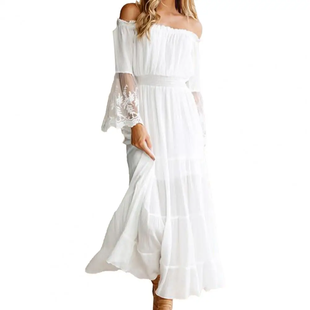 

SANWOOD long dress white off the shoulder beach sundress Flare long sleeve splice lace women dresses summer vestidos
