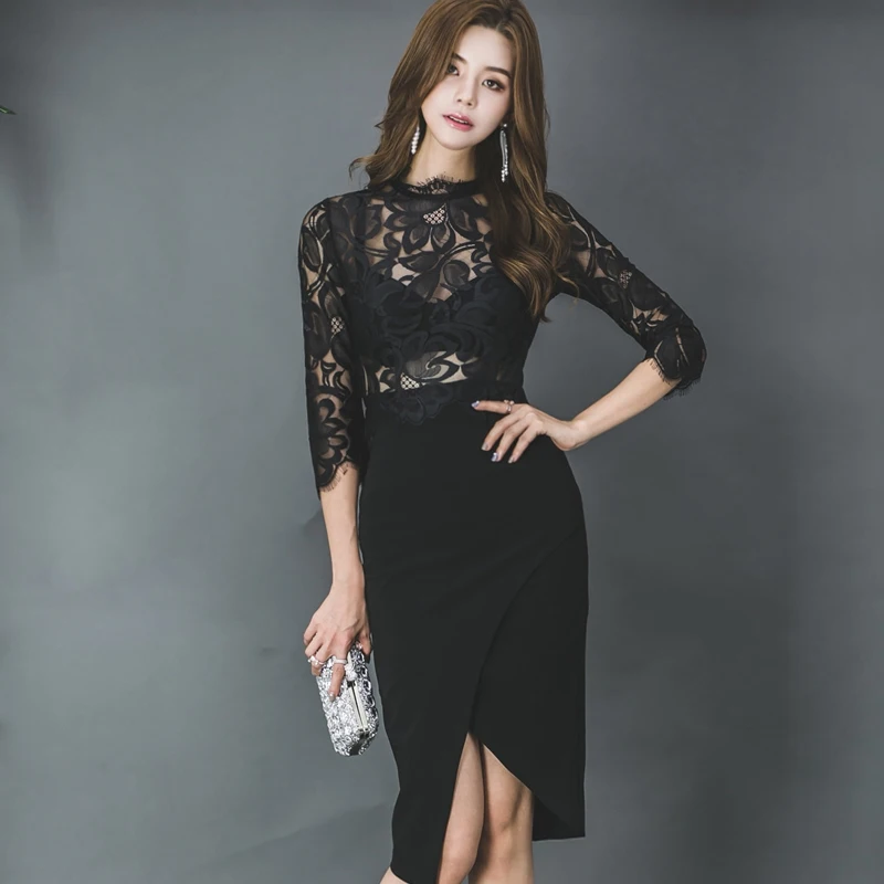 

Temperament Office Lady Bodycon Dress Women Slim Sexy Patchwork Lace Korean Style Hollow Out Sheath Waist Party Dress Vestidos