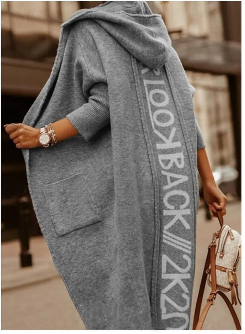 

Fashion New Mid-length Cardigan Hooded Letter Print Knitted Sweater Coat for Women Cardigan Women Sweater Women