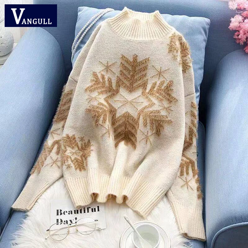 Женский Рождественский свитер Vangull красный вязаный пуловер с полуводолазкой и