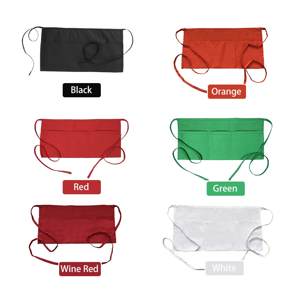 

2pcs Women Men Breathable Polyester 3 Pockets Kitchen Restaurant Cooking Waist Apron Large Size Workwear Solid Lightweight