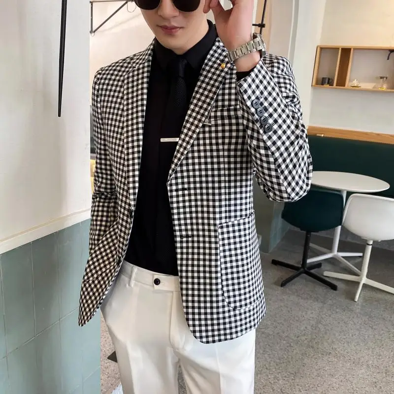 Мужской Клетчатый Блейзер деловой приталенный модная уличная одежда пиджак для