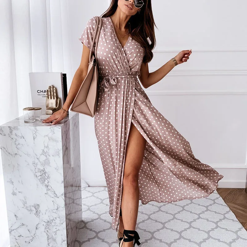 Женское длинное платье в горошек повседневное пляжное с разрезом и V-образным