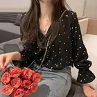 Женская шифоновая блузка на пуговицах, Повседневная Свободная офисная блузка с длинным рукавом и V-образным вырезом, с принтом сердечек, в Корейском стиле