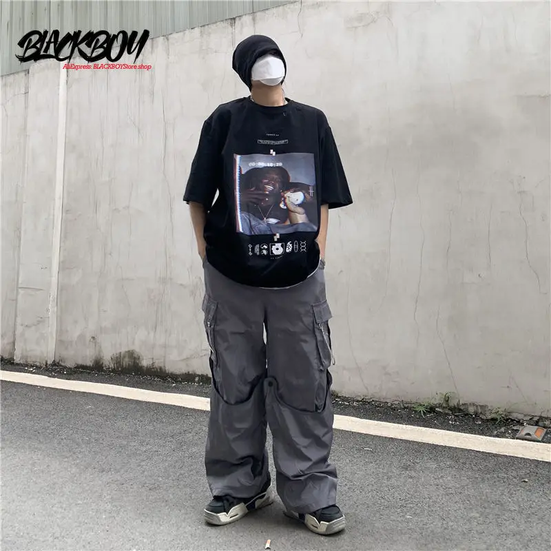 

BLACKBOY trend ins short-sleeved t-shirt men's European and American hip-hop big size loose-fitting student round-neck print top