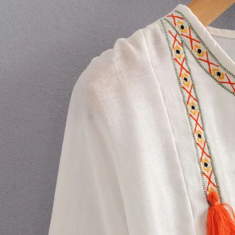 Новая женская винтажная Повседневная рубашка с халатом вышивкой блузка рукавом