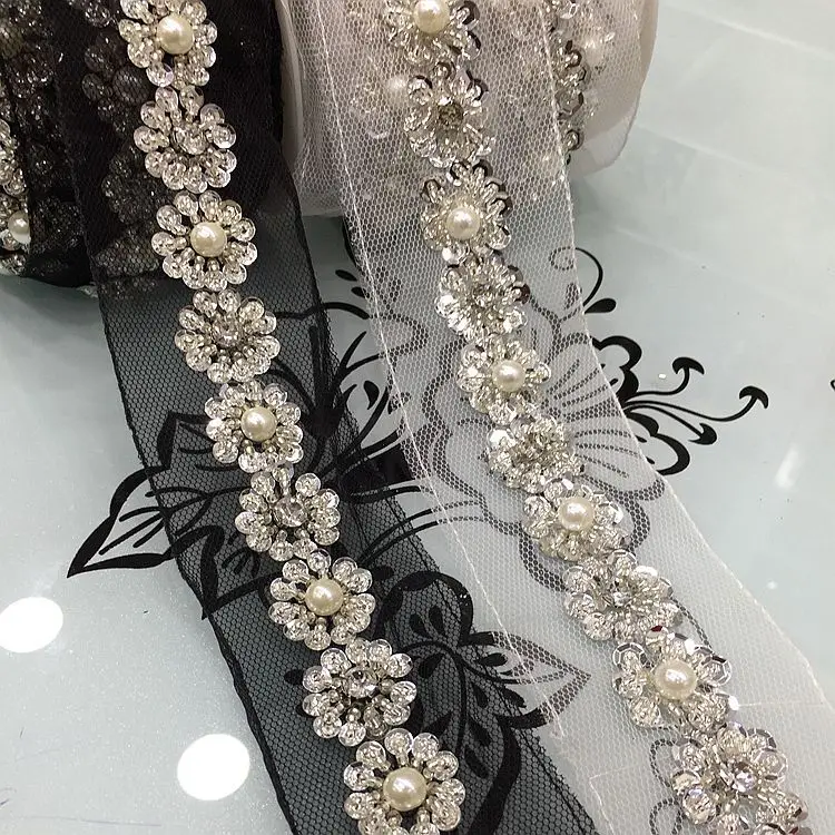 

2Yards High-Grade Beaded Mesh Lace Trim Sequined DIY Hand-Stitched Decorative 3D Flower Lace Material Wedding Dress Accessories