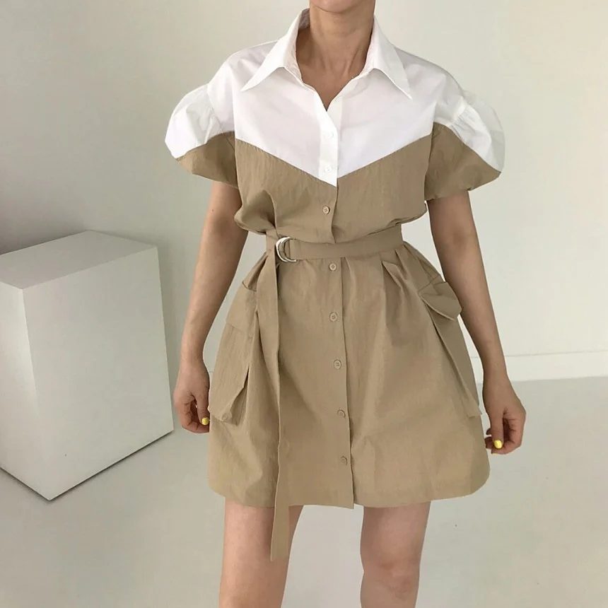 

Woman Dress 2021 Summer New Robe Patchwork Contrast Color Lace Up Slim Waist Vestidos Mujer Loose Casual Mini Dresses