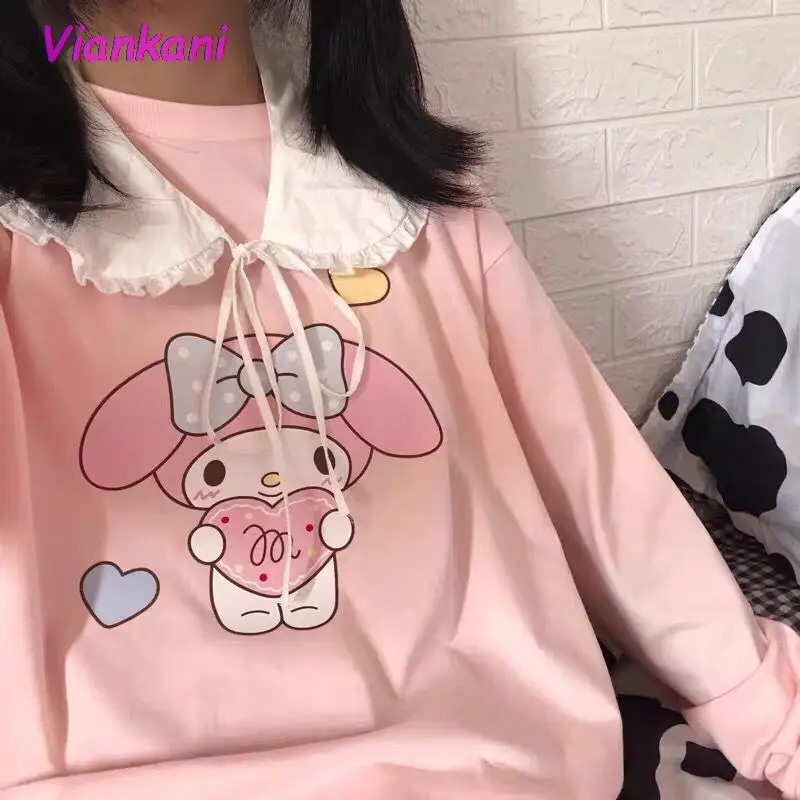 

Spring Autumn Japanese Girl Soft Girl Cute Doll Collar Sweatshirt Student 2021 Loose Color Block Lace Sweatshirt Women's Top
