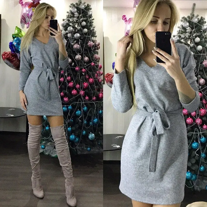 

Women Vintage Sashes Christmas Party Mini Dress Long Sleeve Sexy V neck Solid A-line Casual Dress 2019 Winter New Fashion Dress