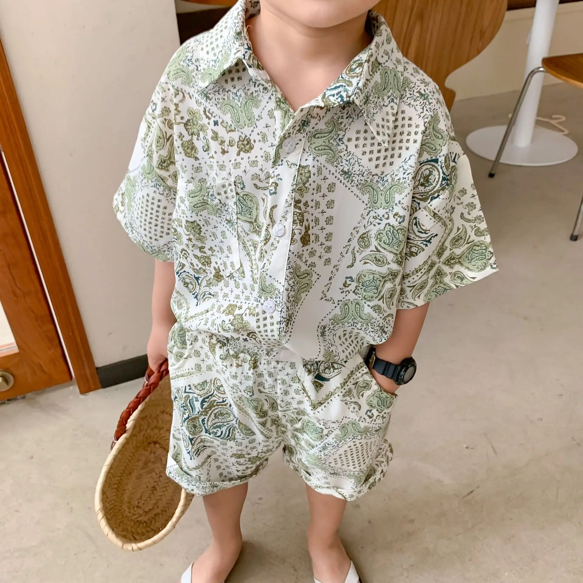 

2-9T Summer Floral Beach Boy Print Clothes Set Toddler Kid Short Sleeve Shirt Top and Shots set Fashion Playa Vacation Outfit
