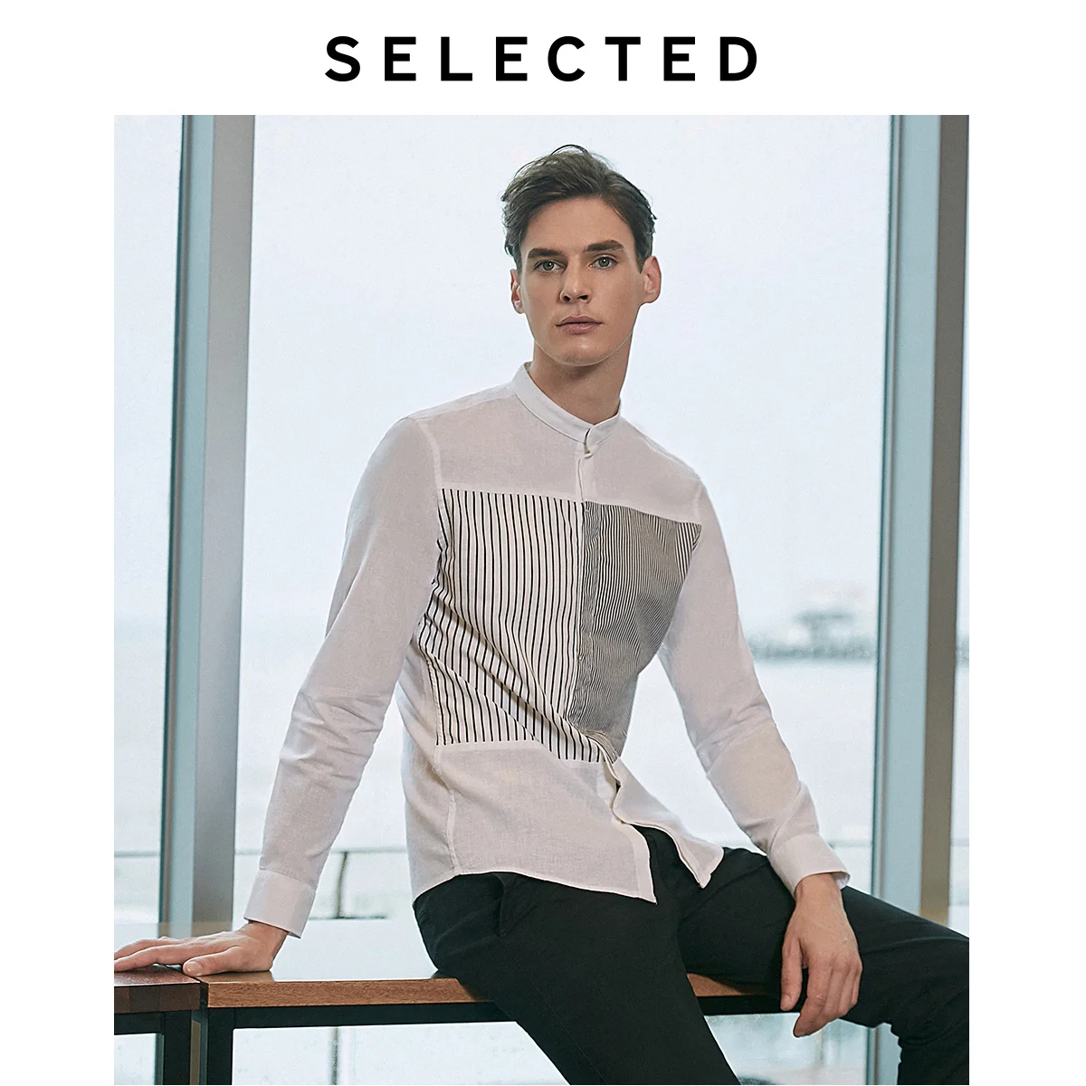 Рубашка мужская облегающая в полоску хлопок и лен с длинным рукавом | Мужская