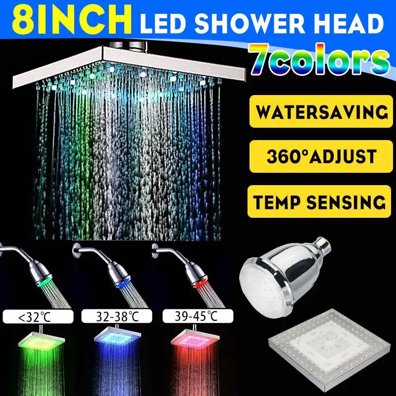 

Лейка для душа с RGB светодиодный подсветильник, 4/8 дюйма, 7 цветов, автоматический контроль температуры, водосберегающая, высокое давление