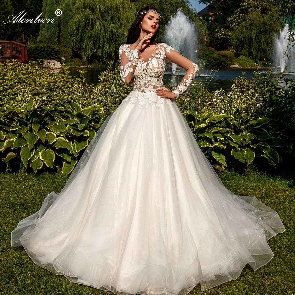 

Alonlivn Noivas Silky Organza Full Sleeves Bridal Skirts O-Neck Illusion Back Appliques Wedding Dresses