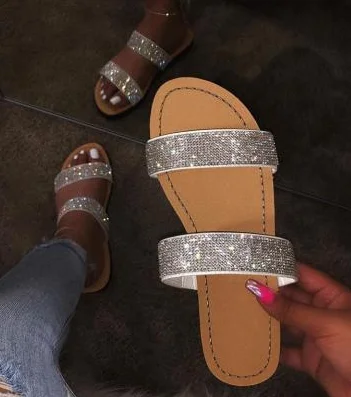 Шлепанцы стразы женские для пляжа модные сандалии на плоской подошве с яркими