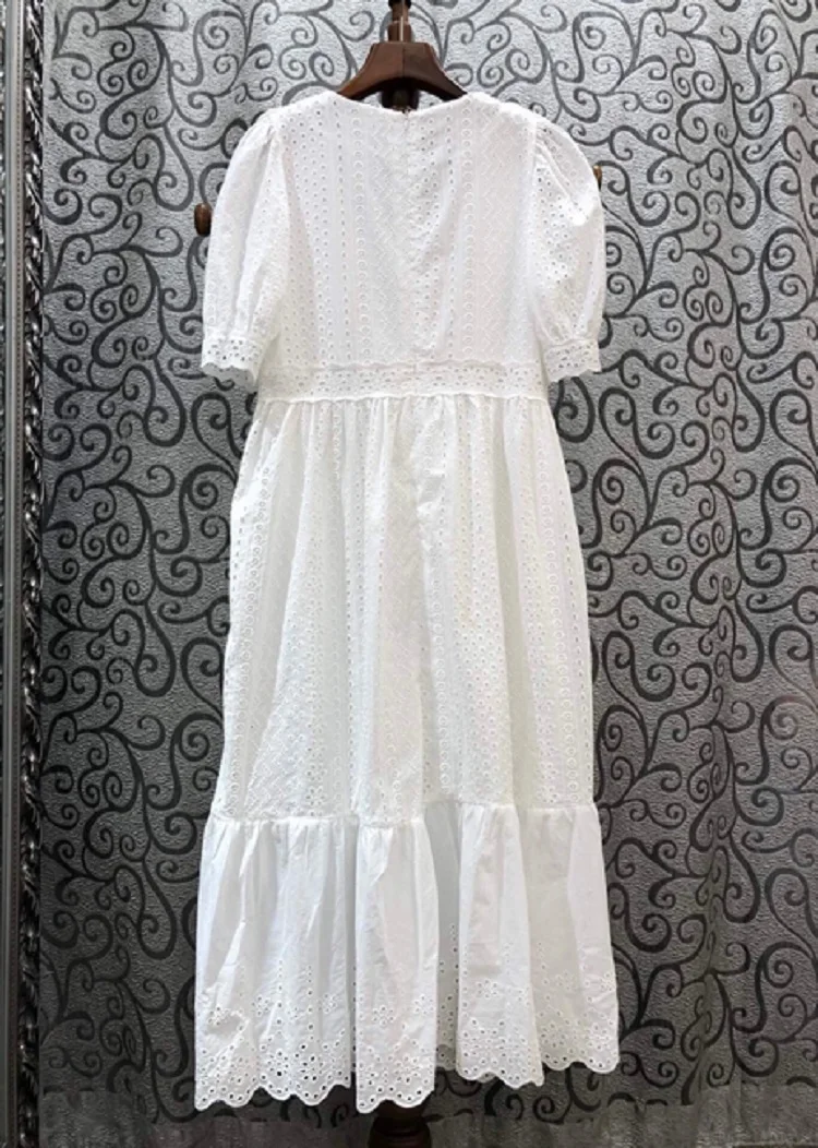 

White Dress 100%Cotton 2021 Summer Style Women V-Neck Allover Hollow Out Embroidery Ruffle Deco Short Sleeve Casual Beach Dress