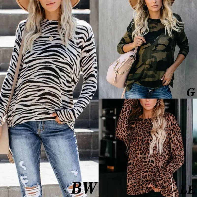 

Camouflage Comfortable Casual Tees Round Neck Long Sleeve Women Loose T-shirt Street Hipster Bottoming Top
