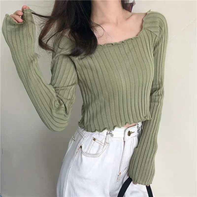 

Black Wooden Ear off-Shoulder Knitted Thin Long-Sleeve T-shirt