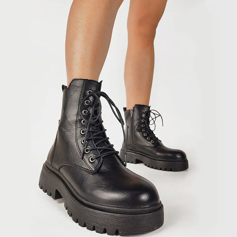 Женские ботинки со шнуровкой на платформе с квадратным каблуком в