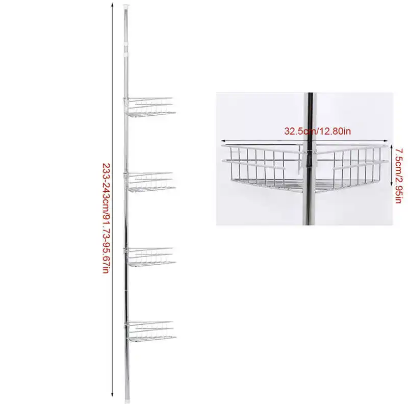 

Four-layer Silver Adjustable Bathroom Shelf Bathroom Shower Corner Metal Tension Pole Baskets Storage Rack Shelf