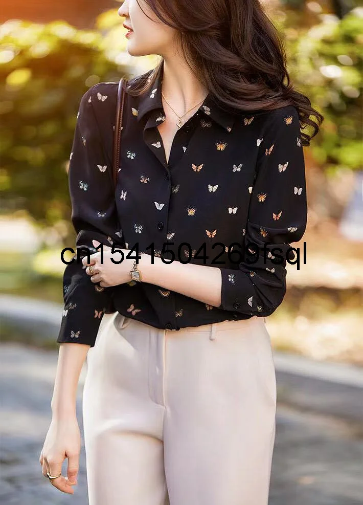 

New Summer New Arrival 100% Silk Single Breasted Shirt 2021 Women Runway Fashion Office Ladies Ink Butterfly Print Black Blouse