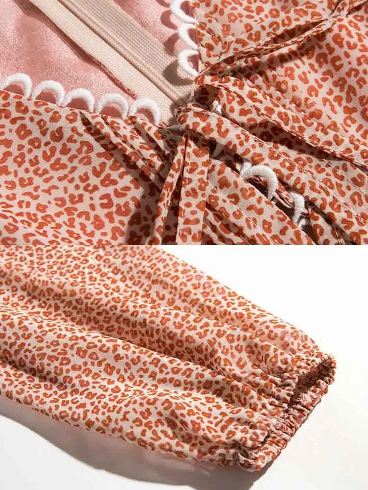 

yinlinhe Leaf Print Spring Dress Women Long Sleeve V neck Lace Up Chiffon Dress See Througth Lady Holiday Ruffles Vestidos 1323