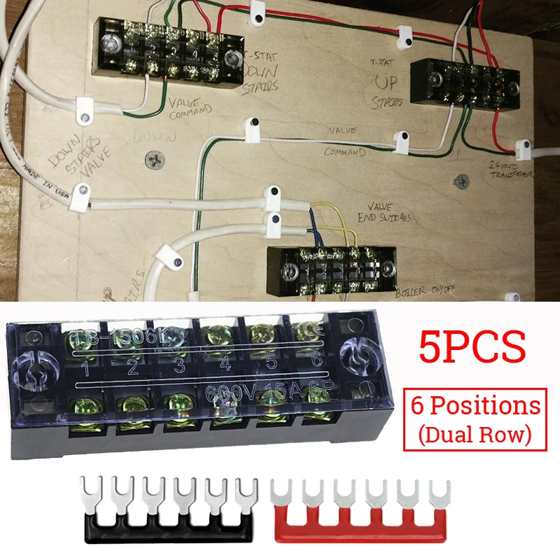 

6Points Screw Terminal Blocks Bus Bar Power Distribution 15A 600V Durable