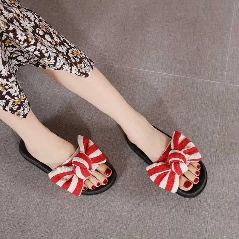 

Fashion New Women's Slippers with Color Matching Shoe Upper Bow Decoration Sweet Home Open-toe All-match Women's Slippers