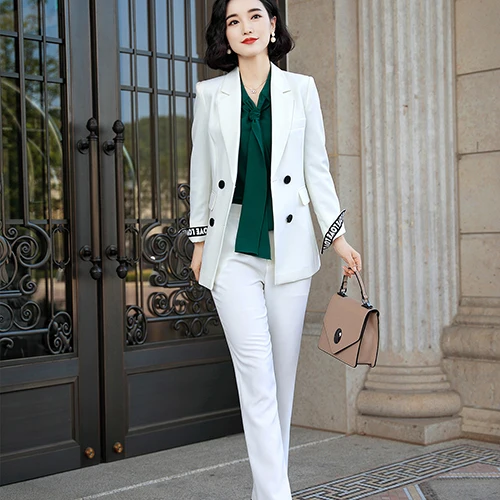 White Pant Suits Офис работы Блейзер костюмы высокого качества женские туфли из органической кожи Штаны костюм блейзеры Куртки с брюк комплект из двух предметов красный розовый синий - Цвет: White Pant Suits