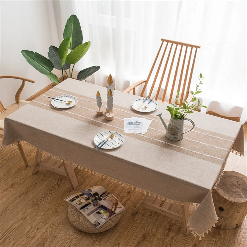 Скатерть льняная прямоугольная с кисточками однотонная Декоративная скатерть в