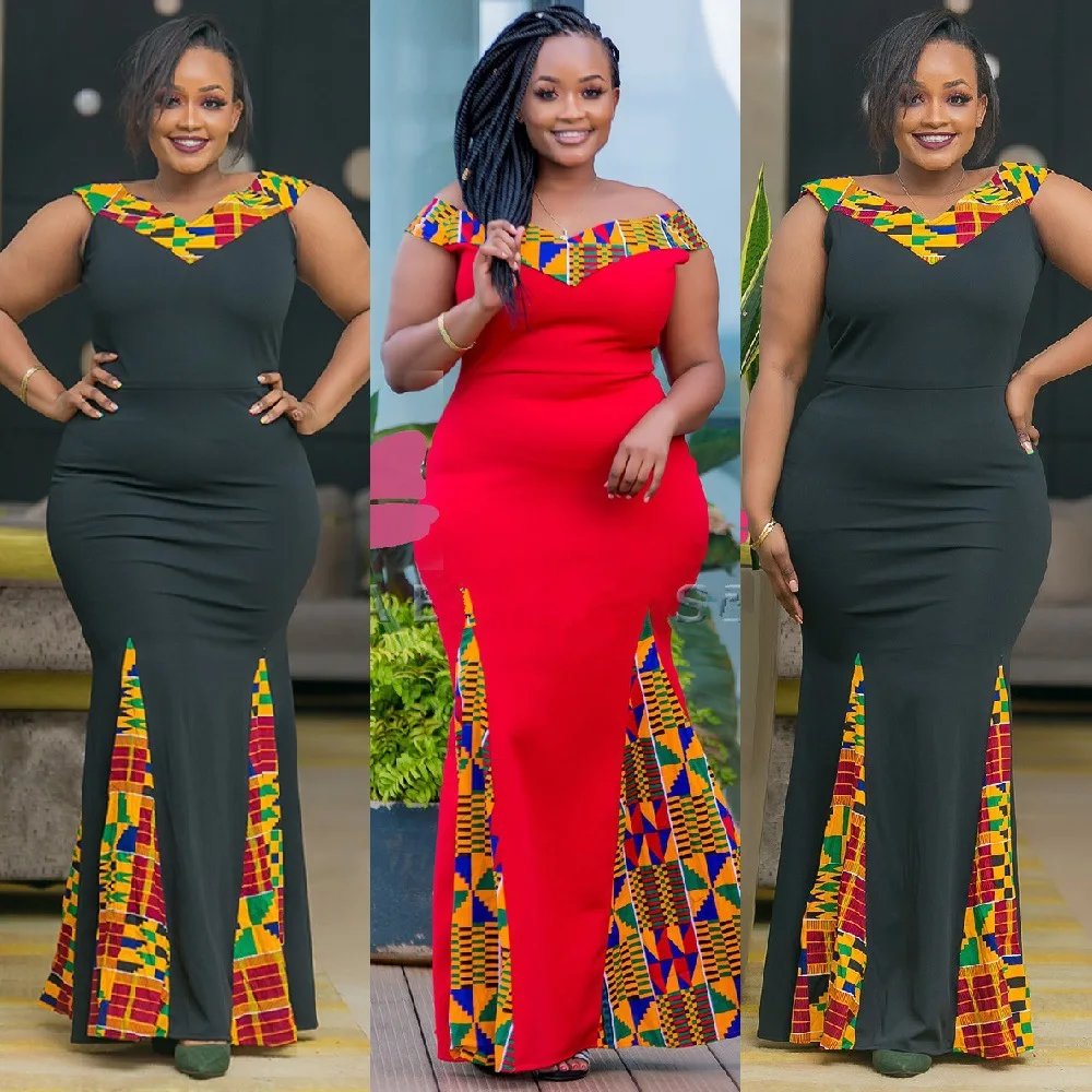 

Черное, красное, облегающее длинное платье макси, африканские платья для женщин 2021, африканская одежда, Дашики, с V-образным вырезом, без рука...