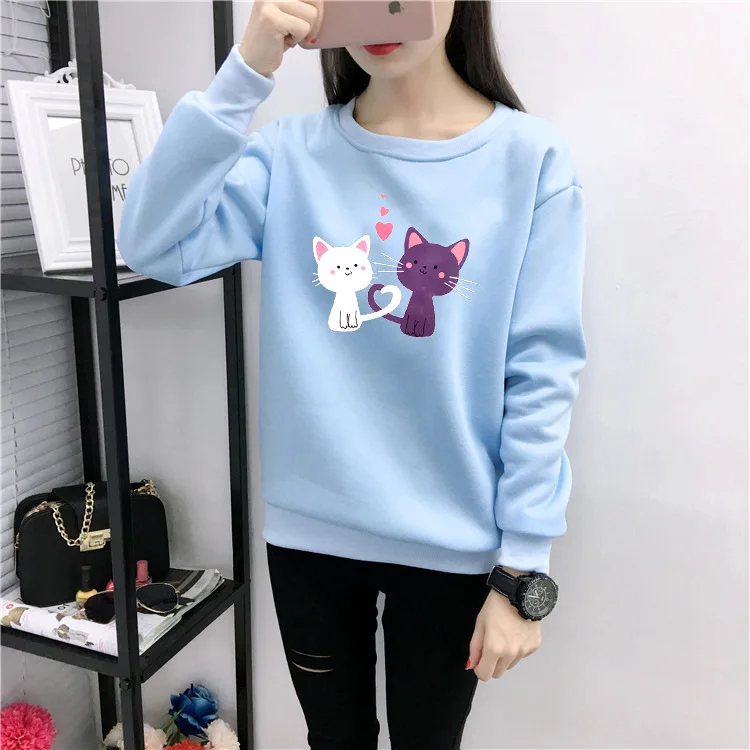 

Autumn Winter Women Cartoon Cat Print Loose Long Sleeve T-shirt Clothes Female Girls Velvet Crew Sweatshirt O-neck Top