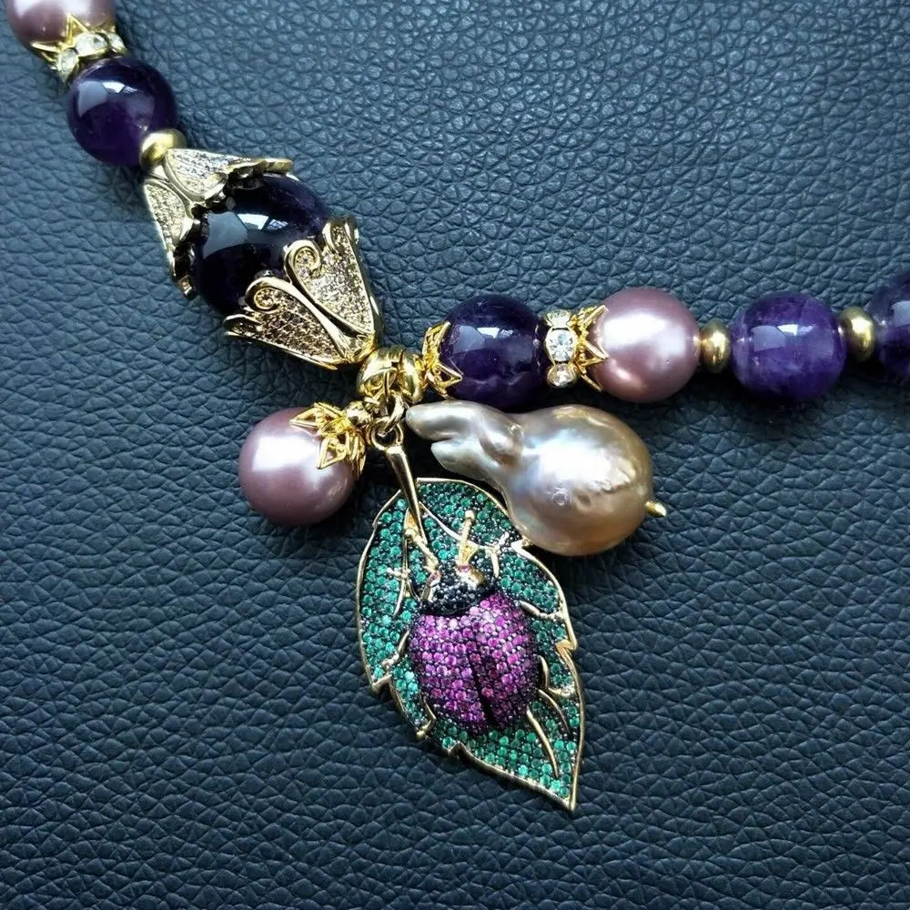 

22" Sea Shell Pearl A1methyst Keshi Pearl Necklace Cz Pave Bee Pendant