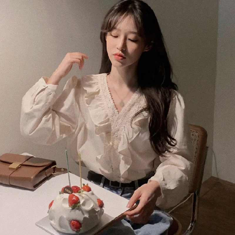 

Women's Fashion V-Neck Lace HollowCasual Sweet Long Sleeve Shirt Blouse 2021