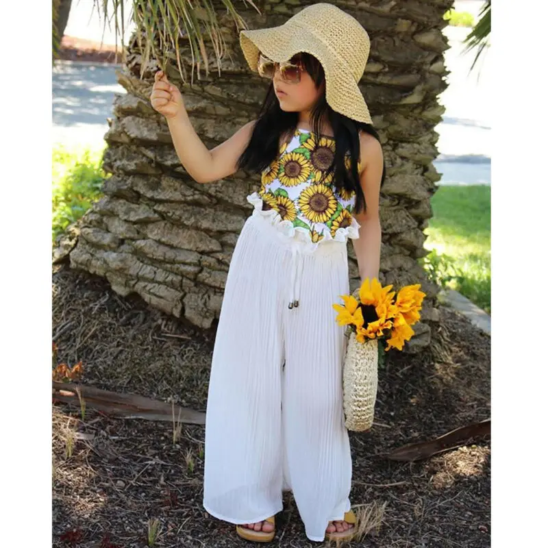 Милая Одежда для маленьких девочек топы с подсолнухами + длинные штаны оборками