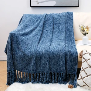 DIMI Decorative Throw for Sofa Couch Bed Soft Silky Cozy Lightweight Chenille Tassel Fringe Throw Blanket Velvety Texture