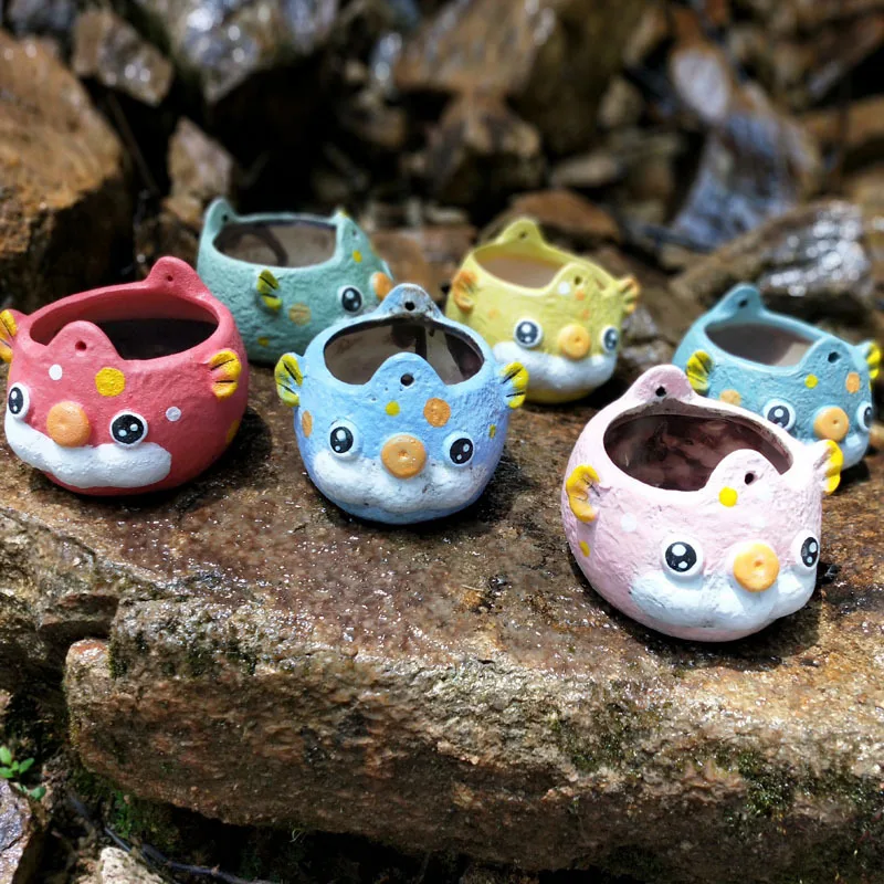 

Fleshy Flowerpot Cute Cartoon Small Animal Little Puffer Raw Stone Flower Butt Thick Ceramic Desktop Hanging Office Decoration