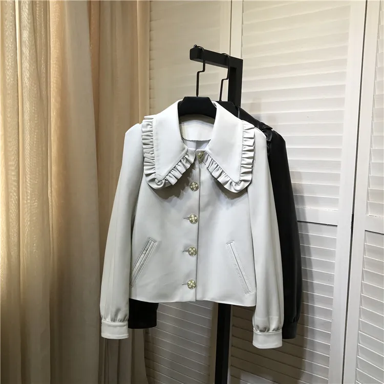 

Autumn Women's Sweet peter pan collar leather jackets High quality sheepskin genuine leather coat C937