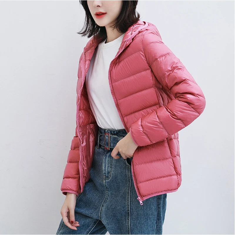 

New 2022Women 90% White Duck Down Jacket Autumn Female Ultra Light Down Jackets Slim Solid Long Sleeve Hooded Parkas Candy Color