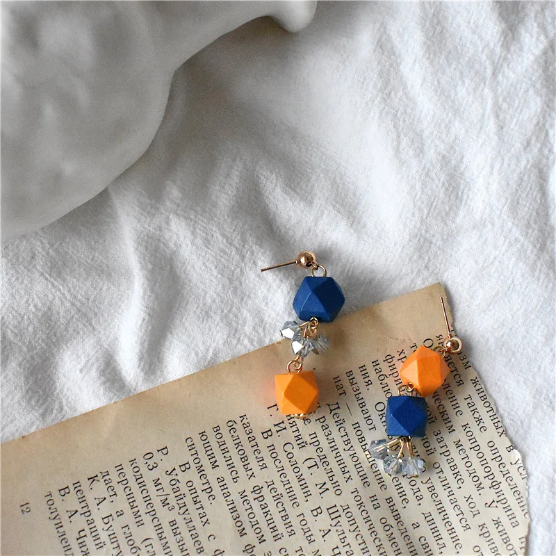 Винтажная Смешанная синяя желтая древесина бусины Серьги Хрустальная подвеска